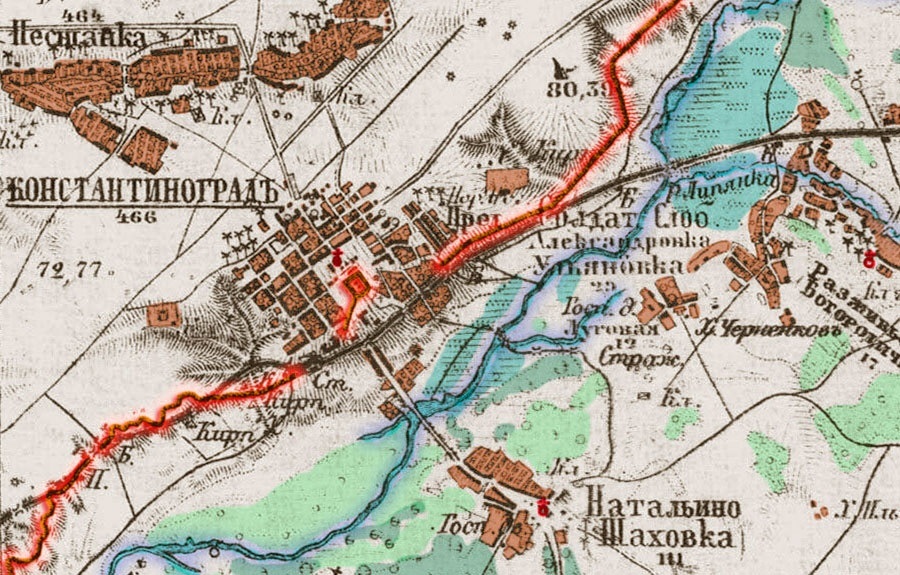 Костянтиноград на воєнно-топографічній карті Шуберта 1890х років